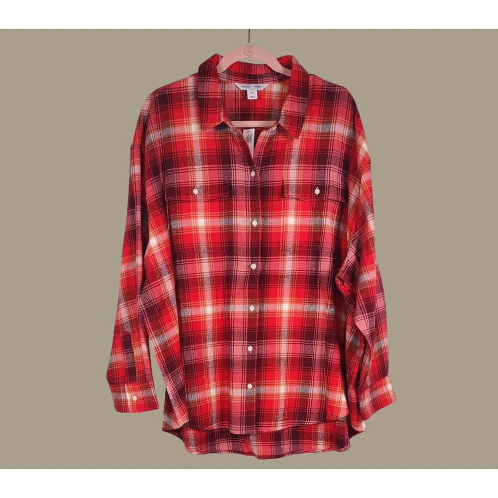 Old Navy Plaid Boyfriend Style Shirt Red/White Long Sleeve Button-Up Size XXL